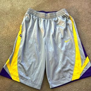 Nike Men’s basketball shorts. Silver, yellow, & purple shorts. Size Medium.